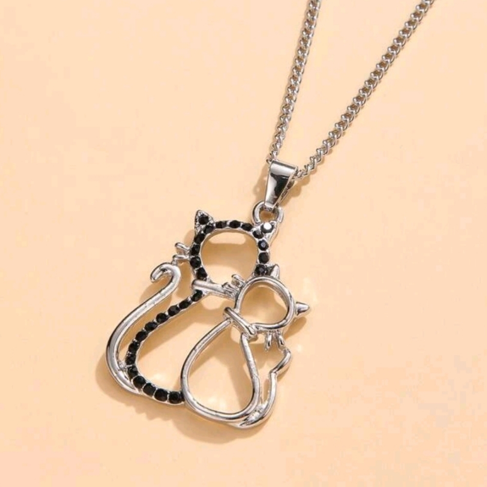 Hollow Out Rhinestone Kitty Cat Necklace